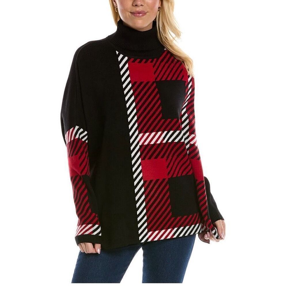 NWT Joseph A 3X Red & Black split stripe long sleeve turtleneck poncho sweater